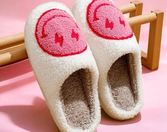 Smiley Face Slippers | Cozy Smiley Face Slippers for Winter | Fluffy Smile Face Slippers | Comfy Smileyface Slippers Gift For Her