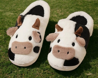 Chaussons de vache duveteux | Pantoufles mignonnes de vache moo | Pantoufles confortables Moo Animal | Pantoufles douillettes en forme de vache| Pantoufles Moo | Pantoufles de vache moelleuses pour l'hiver