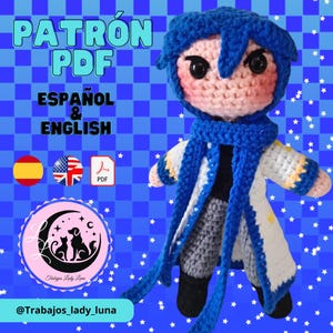 May include: A handmade crochet doll with a blue and white coat, blue scarf, and blue hair. The doll has black eyes and pink cheeks. The image includes the text "PATRON PDF ESPAÑOL & ENGLISH".