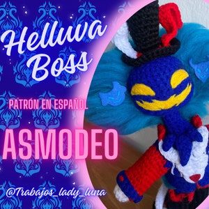 May include: A blue and yellow crocheted doll with a red and white hat. The doll is wearing a red and white striped shirt and blue pants. The doll is holding a blue and white crocheted heart. The text "Helluva Boss" is in the background.