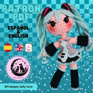 May include: A crocheted doll with long, light blue pigtails, black and pink accents, and a lavender and black outfit. The image includes text that says "PATRÓN PDF ESPAÑOL & ENGLISH". A logo with a dog and cat is also visible.