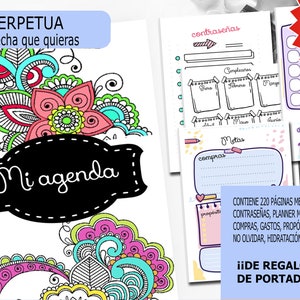 AGENDA PERPETUA MANDALAS / formato pdf imprimible / formato A5 - Media carta / 2 tapas de regalo / 220 hojas / completa y divertida