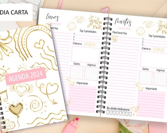 AGENDA PLANNER 2024 / un jour par feuille / beau design / fichier PDF imprimable A5 - Format A4 - Demi-lettre / couverture modifiable / s'organiser