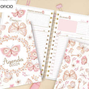 AGENDA PLANNER MARIPOSAS 2024 / Visualización semana completa / Archivo imprimible pdf / Tamaño A5 - Media carta / Diseño tapa editable