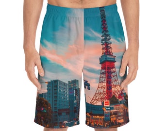 Pantalones cortos para hombre, Tokio, Torre, Aire libre, Puesta de sol, Foto, Hawaiano, Surf, Natación, Surrealista, Naturaleza, Regalo, Coincidencia