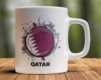 Taza de país de fútbol de Qatar, taza de café de Qatar, taza de bandera de Qatar, taza para fanáticos de Qatar, taza de café de fútbol, regalo para amantes del fútbol de Qatar, taza de té de fútbol