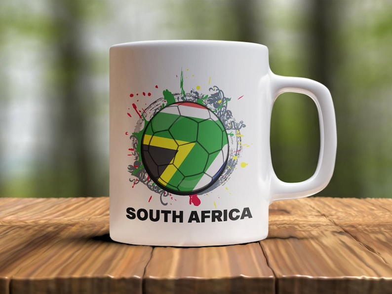 South Africa Soccer Mug for South African Soccer Fans. Makes a great soccer gift for your favorite soccer fan or soccer player. Cheer on the Soccer World Cup or Olympic Soccer with this colorful soccer mug.