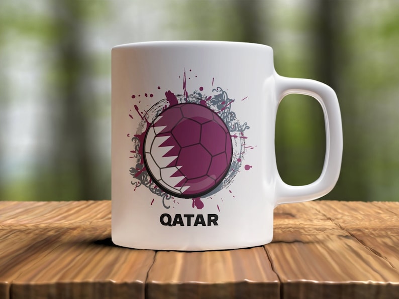 Qatar Soccer Mug for Qatarian Soccer Fans. Makes a great soccer gift for your favorite soccer fan or soccer player. Cheer on the Soccer World Cup or Olympic Soccer with this colorful soccer mug.
