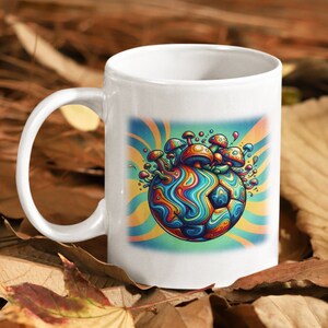 May include: White ceramic mug with a colorful psychedelic design of a soccer ball with mushrooms growing out of it. The background is a swirl of yellow, orange, and blue.