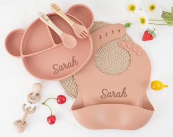 Personalized Silicone Baby Weaning Set,Feeding Set With Name,Engraved Silicone Bib,Baby Shower Gift,Custom Weaning Set for Toddler Baby Kids