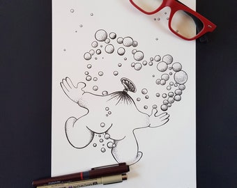 Bubble heart shooter, limited edition print, magic personalities, textured beige paper, black ink, dots and lines