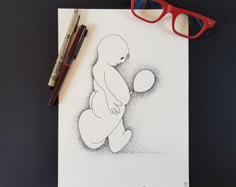 Baby Balloon Belly, magic personalities, limited edition print, textured beige paper, black ink, dots and lines, intuitive drawing