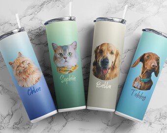 Personalized Dog Mom Tumbler, Cat Mom Custom Pet Portrait Skinny Tumbler With Name Dog Mom Gift Dog Dad Gift Cat Portrait Travel Mug Dog Cup