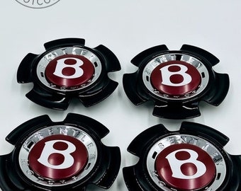 Bentley Wheel Center Caps - Luxury Gloss Black/Chrome Finish (Set of 4) in Black Wheel Cap Base Color with Red Bentley Logo