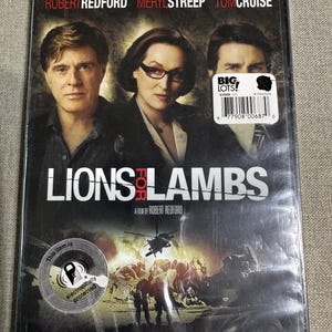 May include: DVD of the film "Lions for Lambs" starring Robert Redford, Meryl Streep, and Tom Cruise. The cover features the actors' headshots and a scene with a helicopter and soldiers. The title is in large white letters.