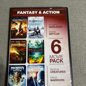 May include: A six-movie pack DVD case with the title "Fantasy & Action." The case features movie titles like "Beastmaster," "Beowulf," and "Dragonquest." The case also includes the text "6 Movie Pack," "Powerful Warlords," and "Deadly Battles."