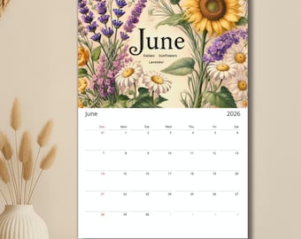 Vintage Botanical Calendar |Wall Art Flower Decor |Floral wall planner 11x16.5"