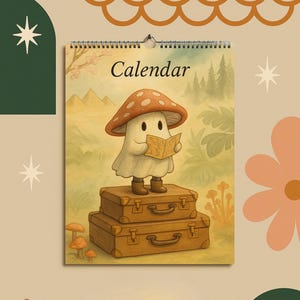 May include: A calendar with a spiral binding, displaying the word "Calendar". The illustration shows a mushroom-headed figure reading a book, standing on two stacked suitcases. The background depicts a forest scene with trees and mushrooms.