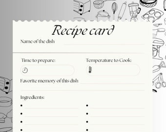 Modèle de carte de recette, préparation de repas, carte de recette à imprimer, journal de recettes, recette personnalisée, fiche de recette modifiable, modèle de livre de recettes