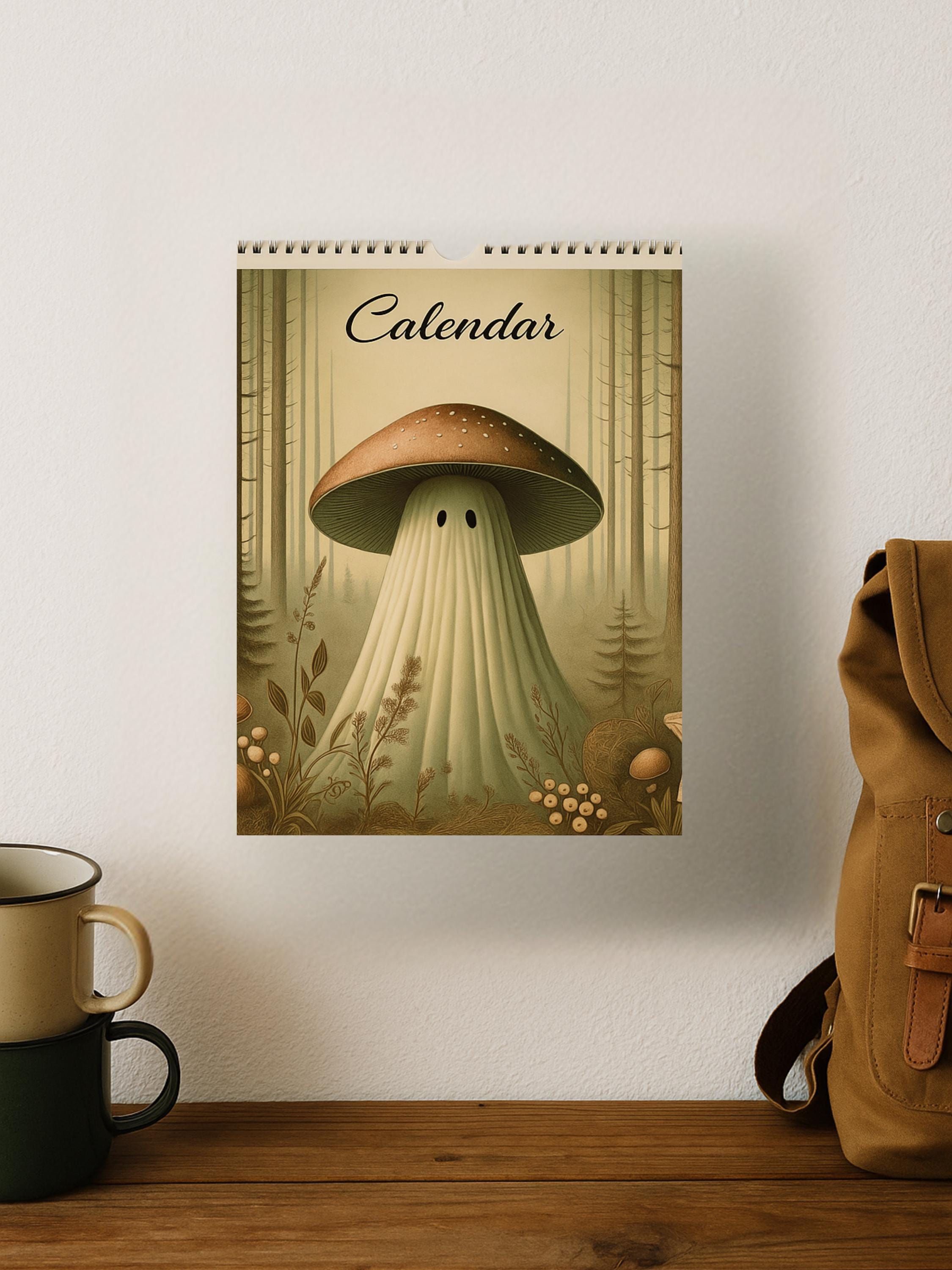 Cottagecore Calendar: Unique Mushroom Ghost Wall Planner, Flexible Month Start