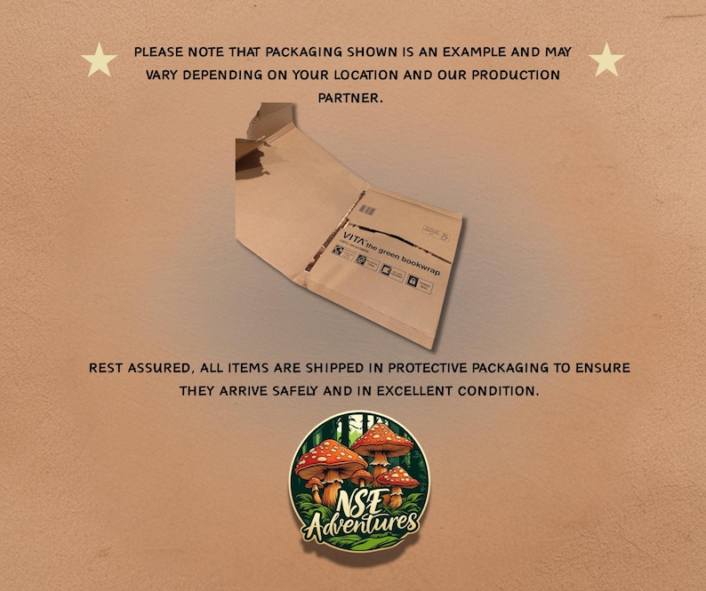 May include: A brown cardboard mailer envelope with the text VITA the green bookwrap printed on the front. Below the envelope is a circular sticker featuring a forest scene with red and white mushrooms and the text NSE Adventures in white.