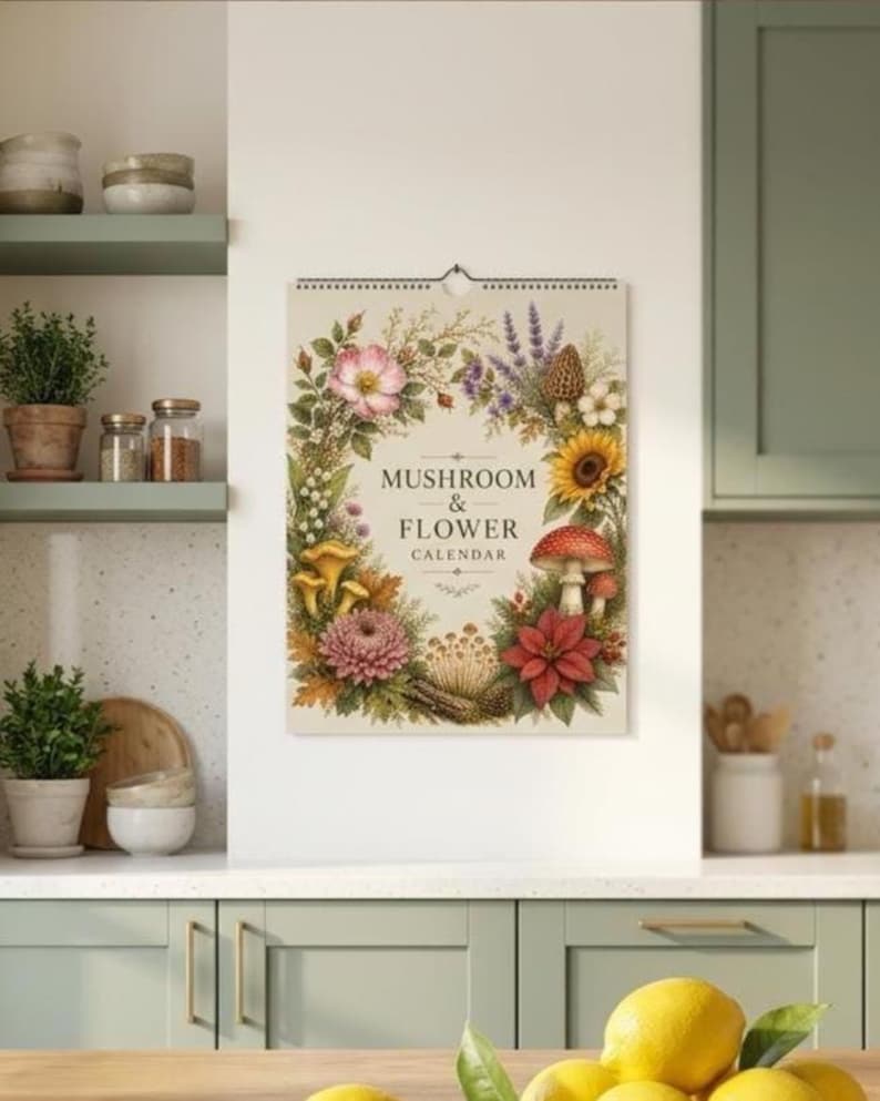 May include: A wall calendar titled MUSHROOM & FLOWER CALENDAR, featuring a central cream-colored panel surrounded by a botanical wreath of colorful flowers, green foliage, and various mushrooms, including a prominent red-capped mushroom.