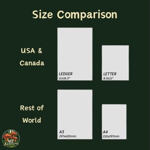 May include: A size comparison chart on a dark green background with the text Size Comparison, USA & Canada, and Rest of World. It displays four white rectangles labeled Ledger 11x16.5 inches, Letter 8.5x11 inches, A3 297x420mm, and A4 210x297mm.
