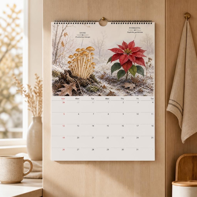 May include: A wall calendar featuring a winter illustration of Enoki mushrooms and a red Poinsettia plant. The top section displays the botanical artwork with labels, while the bottom section shows a grid for the month with dates from 1 to 31.