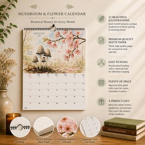 Mushroom Flower Calendar, Fungi Botanical Planner, Cottagecore Wall Decor, Nature Art Calendar, Seasonal Gift image 3