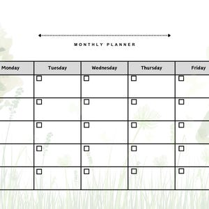May include: A black and white monthly planner with a watercolor background of green leaves and grass. The planner has a title that says "MONTHLY PLANNER" and has columns for each day of the week: Sunday, Monday, Tuesday, Wednesday, Thursday, Friday, and Saturday. Each day has five rows with a checkbox in each row.