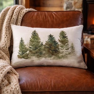 Watercolor Pine Tree Lumbar Pillow: Cozy Cabin Decor (20"x14")