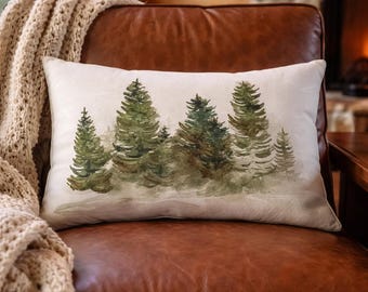 Watercolor Pine Tree Lumbar Pillow: Cozy Cabin Decor (20"x14")