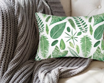 Green Leaf Lumbar Pillow: Botanical Watercolor Plant Decor