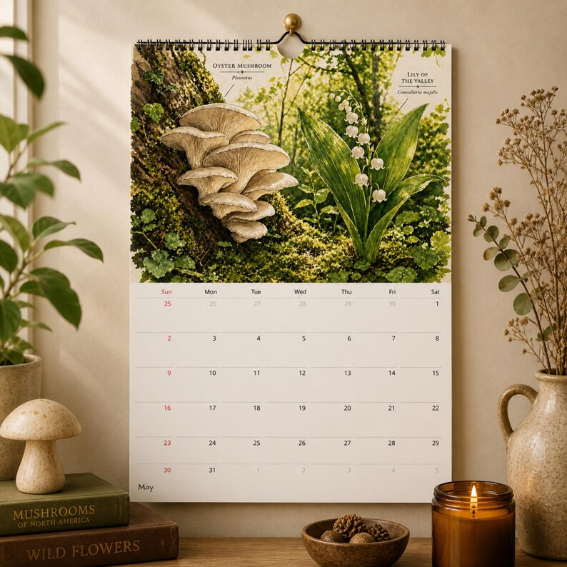Mushroom Flower Calendar, Fungi Botanical Planner, Cottagecore Wall Decor, Nature Art Calendar, Seasonal Gift image 5