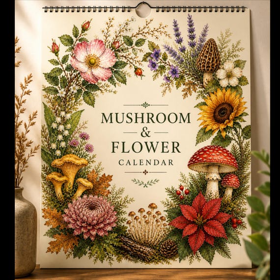 Mushroom Flower Calendar, Fungi Botanical Planner, Cottagecore Wall Decor, Nature Art Calendar, Seasonal Gift