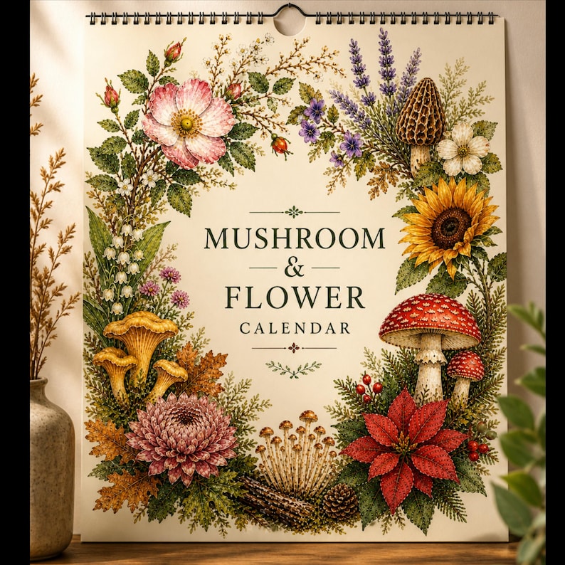 Mushroom Flower Calendar, Fungi Botanical Planner, Cottagecore Wall Decor, Nature Art Calendar, Seasonal Gift image 2