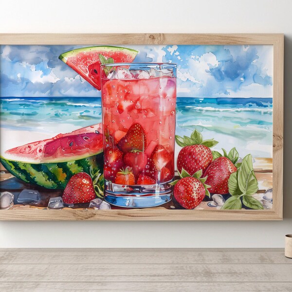 Beachside Beverage: Strawberry Watermelon, Fruit, Beach, Drink, Glass, Ice, Tropical, Sand, Sky, Ocean