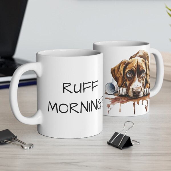 Ruff Morning? Viszla Hungarian Pointer with Spilled Coffee, Funny, Cute White Ceramic Dog Mug, Humor For Dog Owners