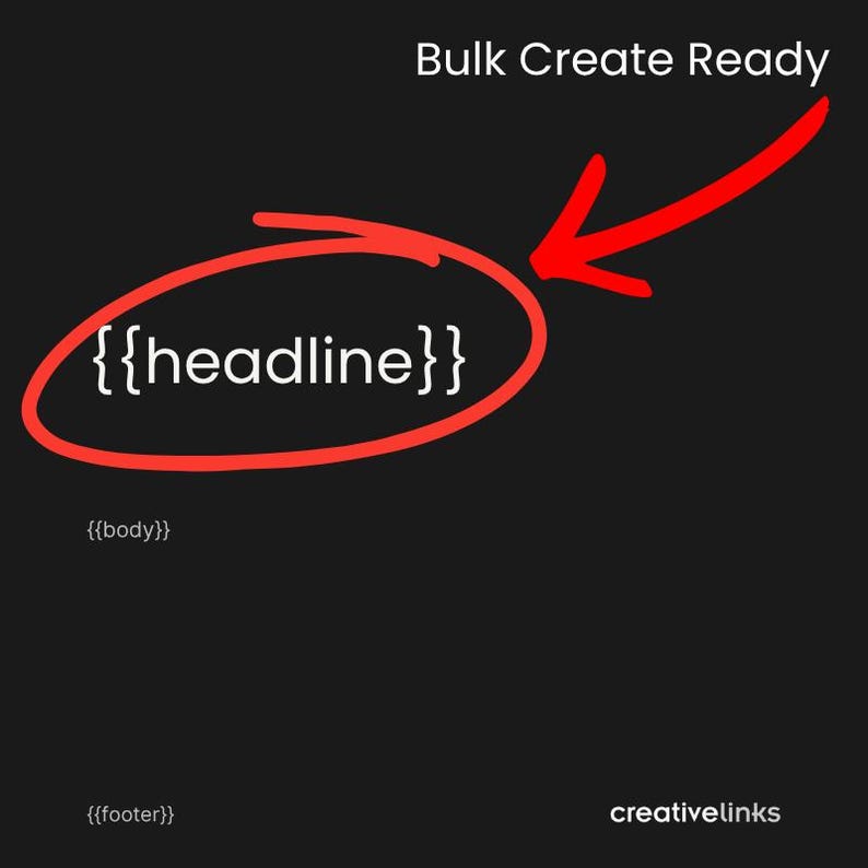 May include: A graphic on a black background with the text "Bulk Create Ready" at the top. A red arrow points to a red circle around the word "headline" in white. The text "{{body}}" and "{{footer}}" are also present.