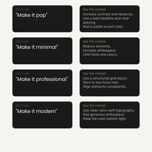May include: A graphic with the text "Say this, not that" and examples of better prompts. The image features black rectangles with text, contrasting "Don't say" phrases with "Say this instead" suggestions for design prompts.