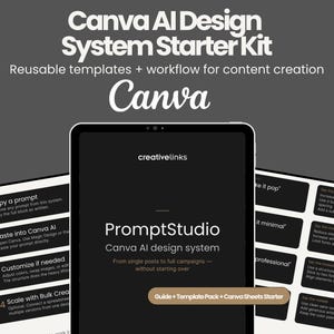 May include: A digital design system starter kit for Canva, featuring a tablet displaying "PromptStudio" and instructions for content creation. Includes reusable templates and workflow guides. The kit is designed to help users create content from single posts to full campaigns.