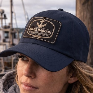 Forged in Saltwater Leather Patch Dad Hat – Bilge Baboon Nautical Cap