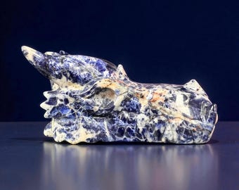 Blue Sodalite Dragon Skull Sculpture – Hand-Carved Crystal Figurine for Mystical Décor & Spiritual Energy