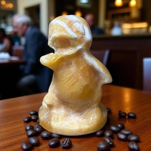 May include: A yellow and white figurine of a stylized figure, possibly a ghost or a character, is displayed on a wooden surface. Dark coffee beans surround the base of the figurine. The figurine has a textured surface.