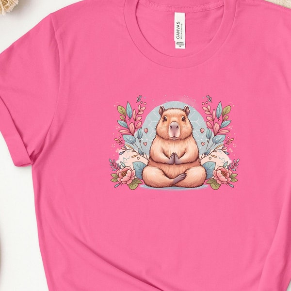 Cute Capybara Meditation T-Shirt, Floral Peaceful Animal Tee, Zen Capybara Lover Gift, Nature Inspired Unisex Shirt