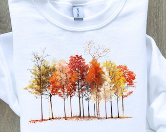 Sudadera con estampado de árboles otoñales, camiseta con estampado de bosque otoñal, suéter colorido con follaje otoñal, regalo para amantes de la naturaleza, suéter acogedor para el Día de Acción de Gracias, camiseta de otoño