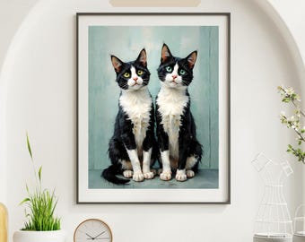 Póster de gato esmoquin blanco y negro, adorable arte de pared de gatos gemelos, impresión minimalista de gato, regalo para amantes de los gatos, decoración moderna para mascotas, arte animal