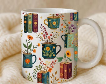 Taza de cerámica con temática de libros y estilo cottagecore, taza de café con flores