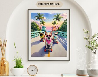 Póster divertido de bulldog francés en patineta, lámina decorativa de perro patinador, regalo para amantes de los perros, póster de mascota, póster de bulldog francés