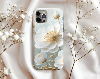 Funda para iPhone con diseño floral blanco 3D y detalles dorados. Cubierta protectora.